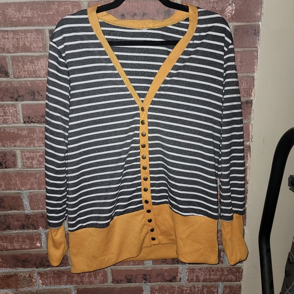 Sweaters - Mustard/Grey/White Striped Cardigan